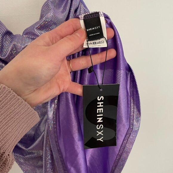 NEW NWT SHEIN SXY Backless Ruched Halter Bodycon Dress Purple Silver Iridescent - Picture 8 of 16